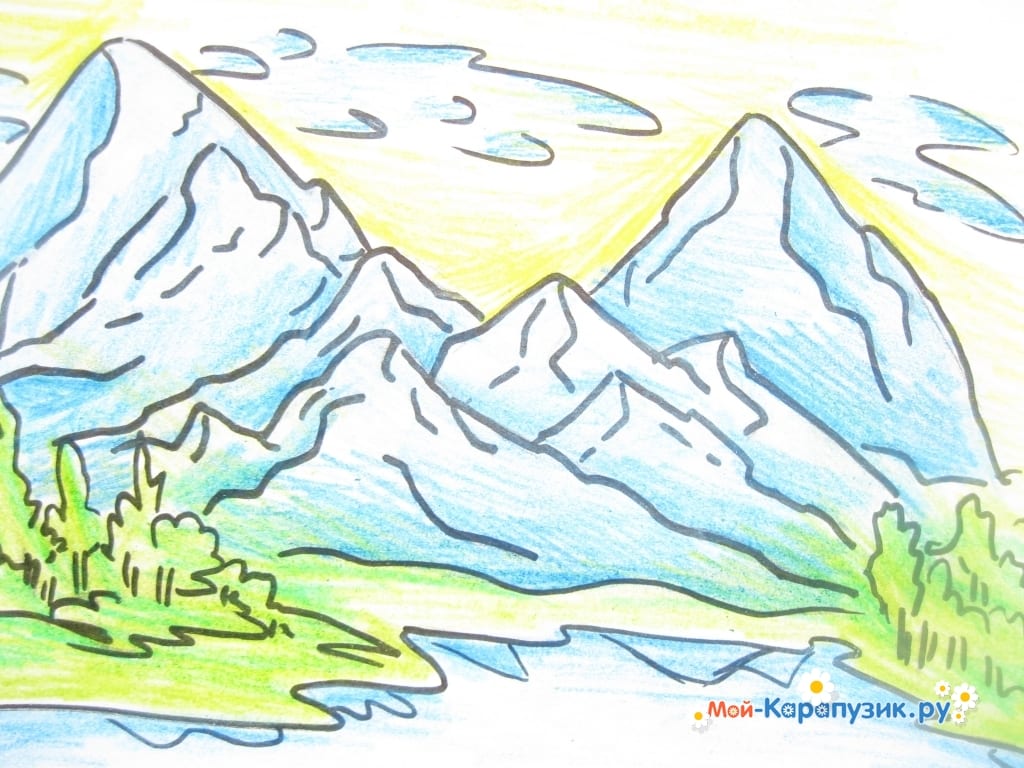 Рисунок красота гор окружающий мир. Горы рисунок для детей. Горный пейзаж для детей. Рисуем горы. Горный пейзаж рисунок карандашом.