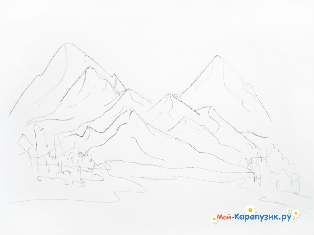 Поэтапно рисовать горы карандашом