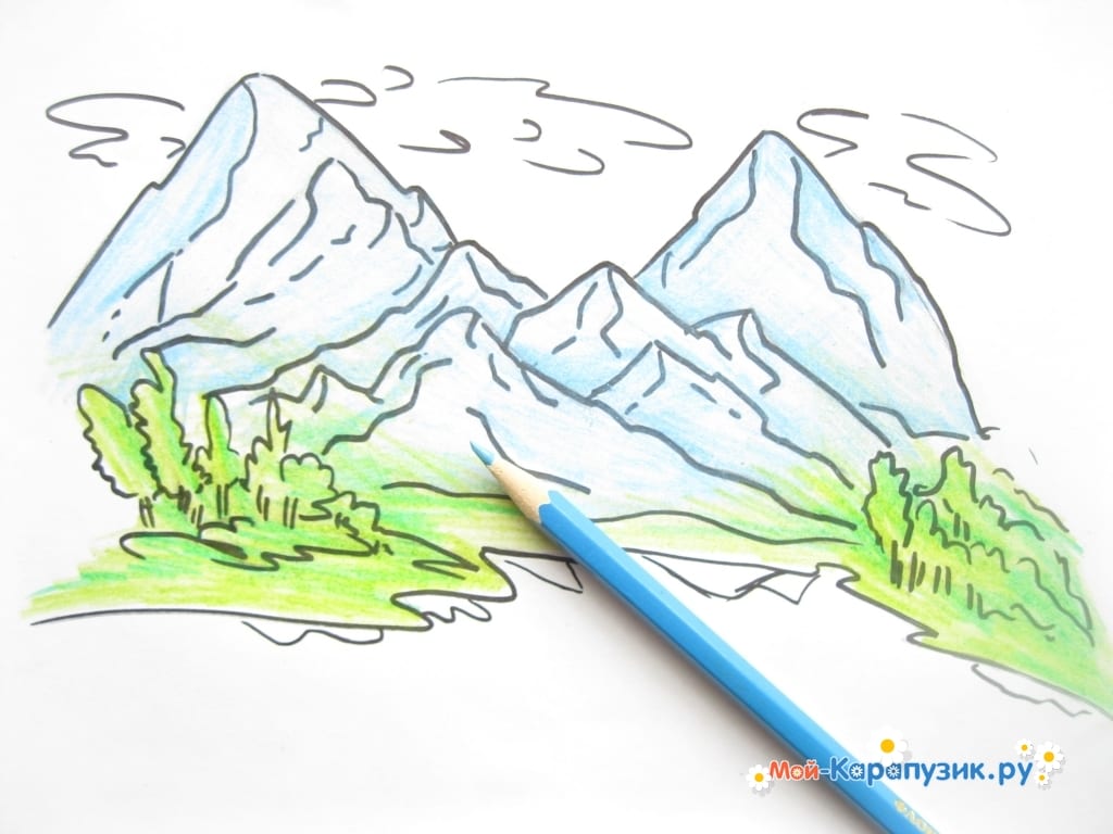 Поэтапно рисовать горы карандашом