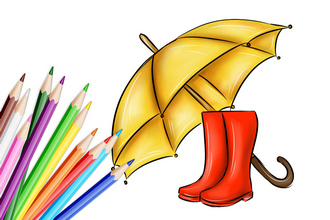 Рисунок зонта с резиновыми сапогами цветными карандашами